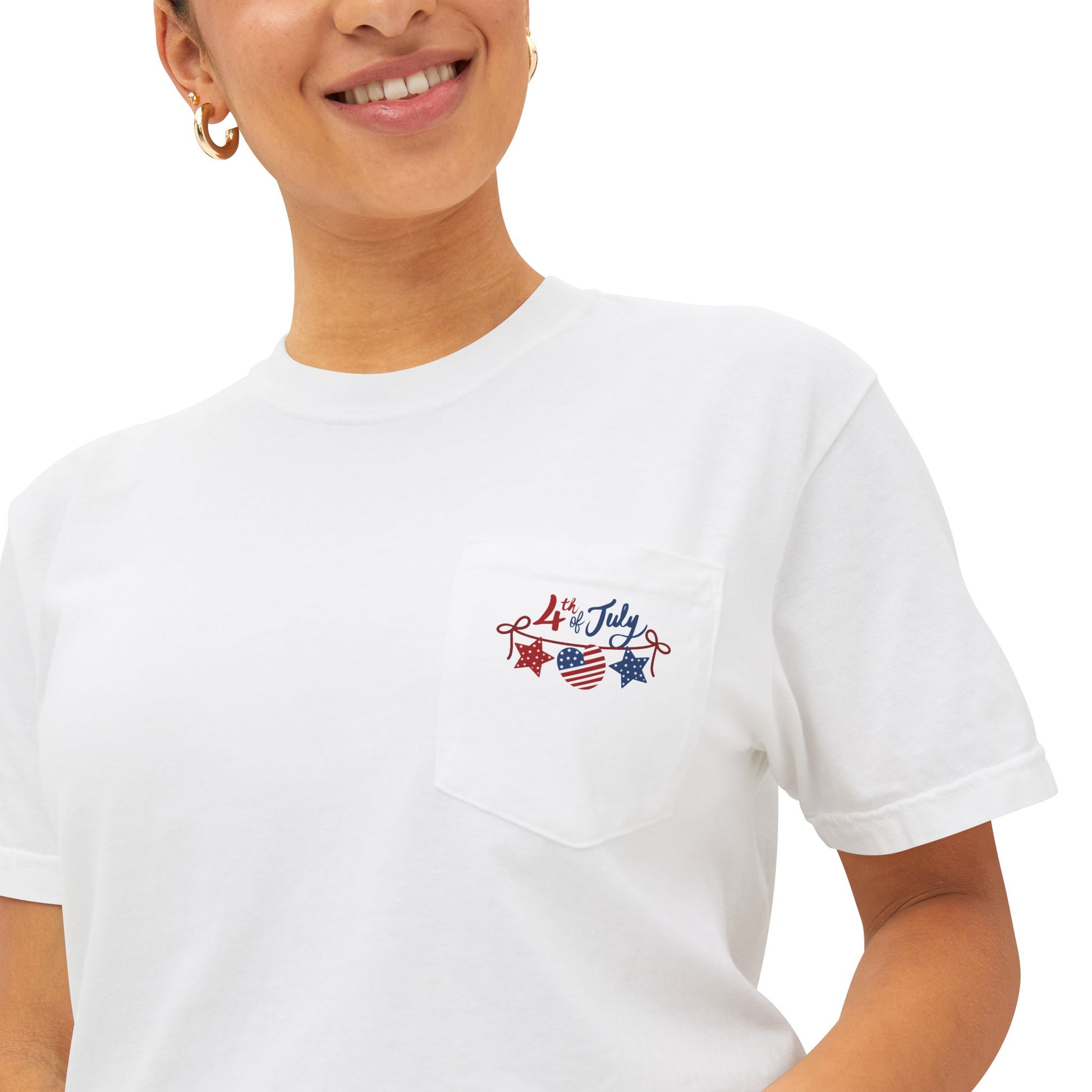 4th of July Banner & Floral Red White Blue Design Pocket T-Shirt
