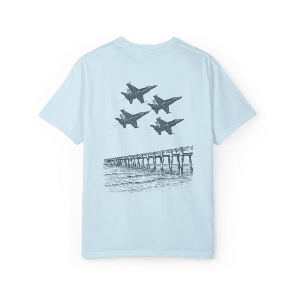 Blue Angels Pensacola Pier T-Shirt – Vintage Florida Beach Graphic Tee – Jet Flyover Coastal Design – Military Air Show Gift Shirt