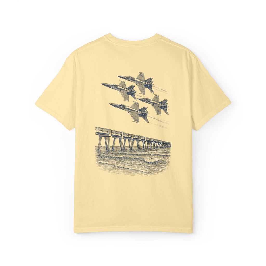 Blue Angels Air Show T-Shirt – Vintage Pensacola Beach Pier Jet Flyover – Navy Pilot Aviation Graphic Tee – Patriotic Military Shirt