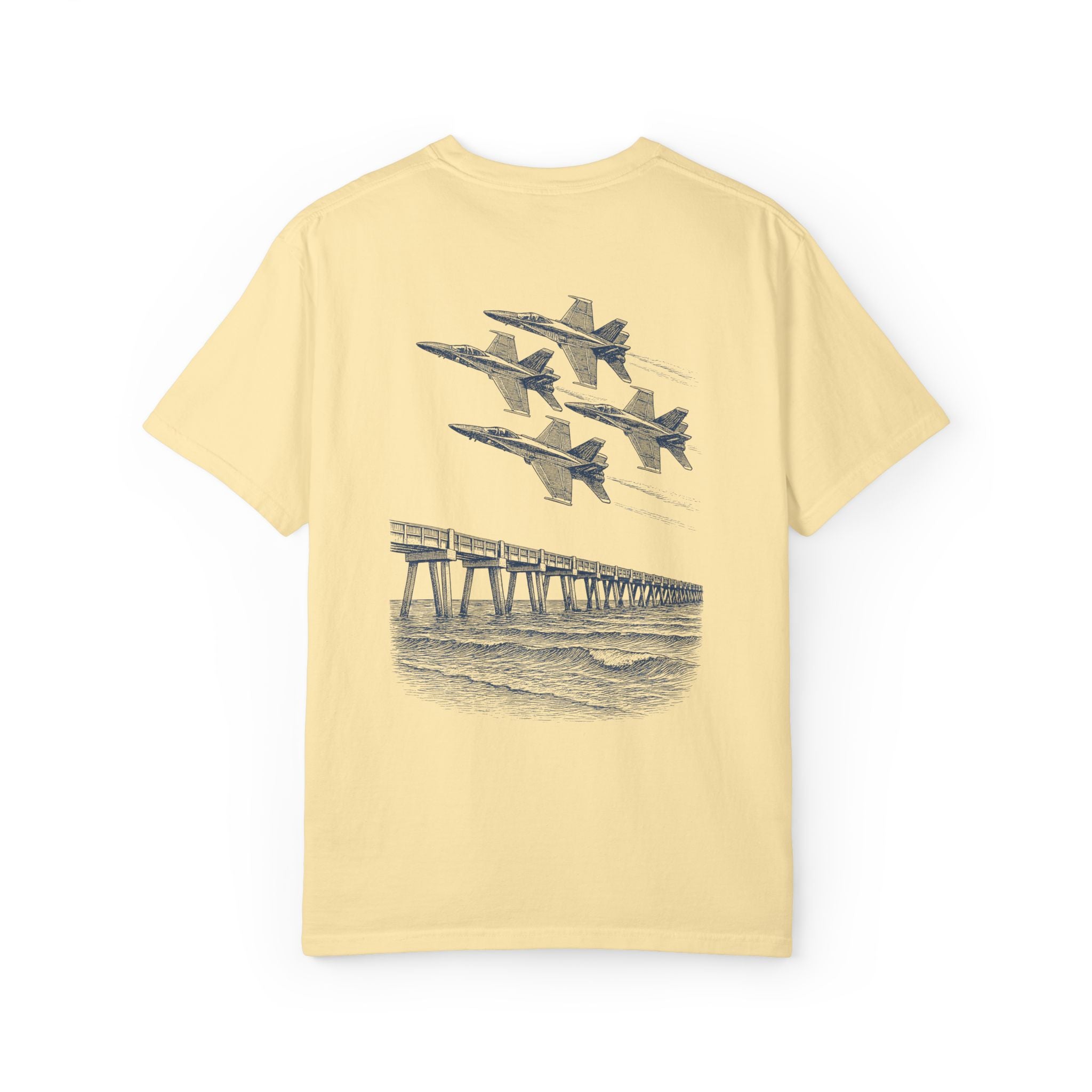 Blue Angels Air Show T-Shirt – Vintage Pensacola Beach Pier Jet Flyover – Navy Pilot Aviation Graphic Tee – Patriotic Military Shirt