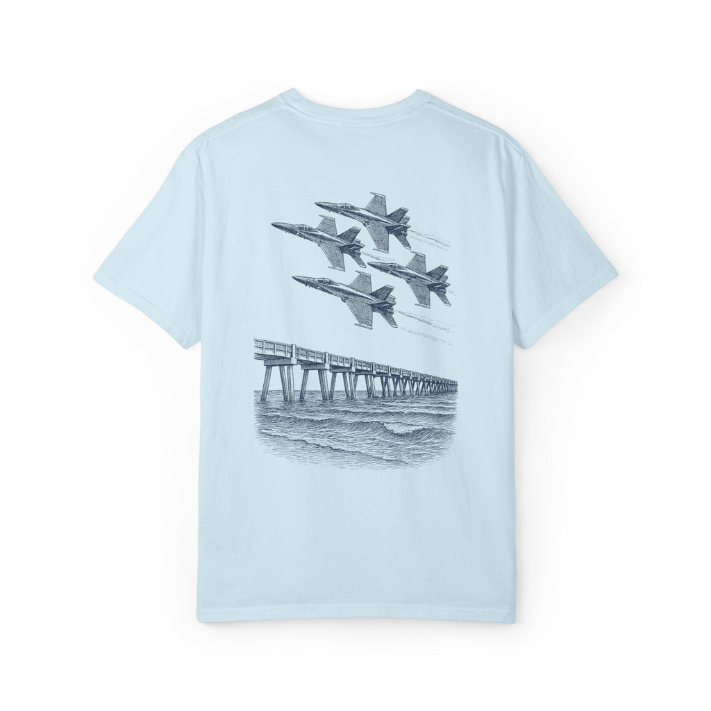 Blue Angels Air Show T-Shirt – Vintage Pensacola Beach Pier Jet Flyover – Navy Pilot Aviation Graphic Tee – Patriotic Military Shirt