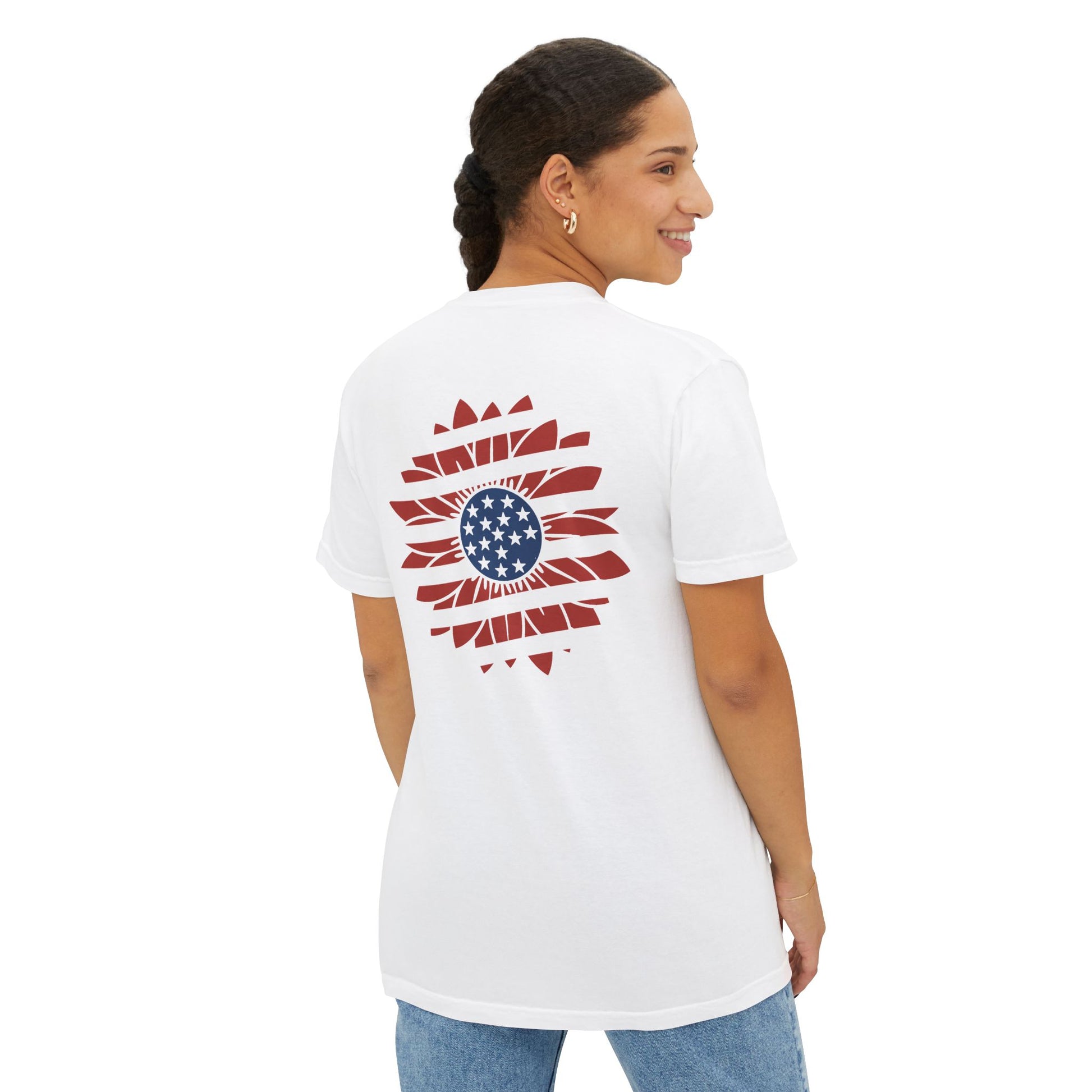 4th of July Banner & Floral Red White Blue Design Pocket T-Shirt