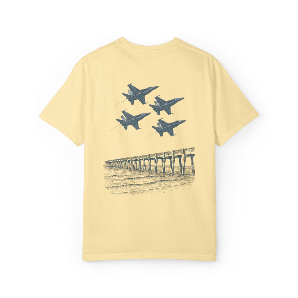 Blue Angels Pensacola Pier T-Shirt – Vintage Florida Beach Graphic Tee – Jet Flyover Coastal Design – Military Air Show Gift Shirt
