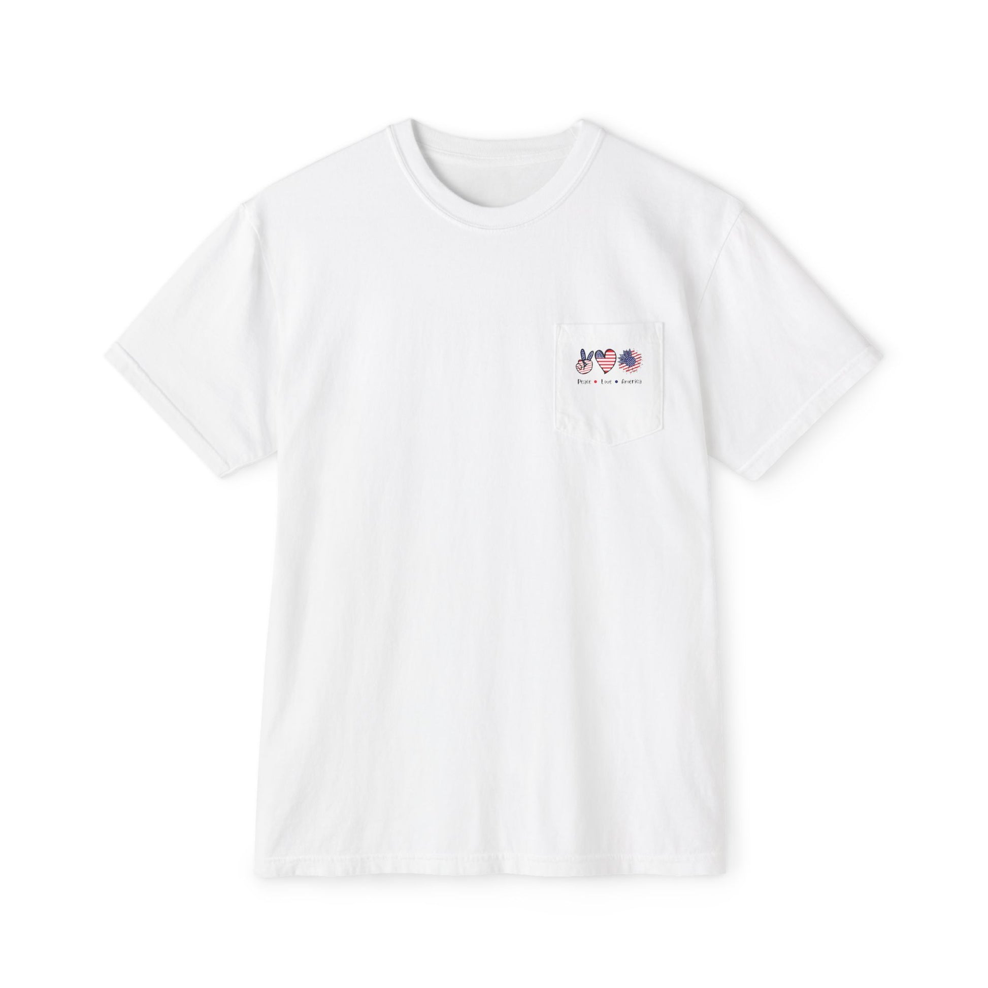 Patriotic Floral Peace Love America T-Shirt, Pocket Tee