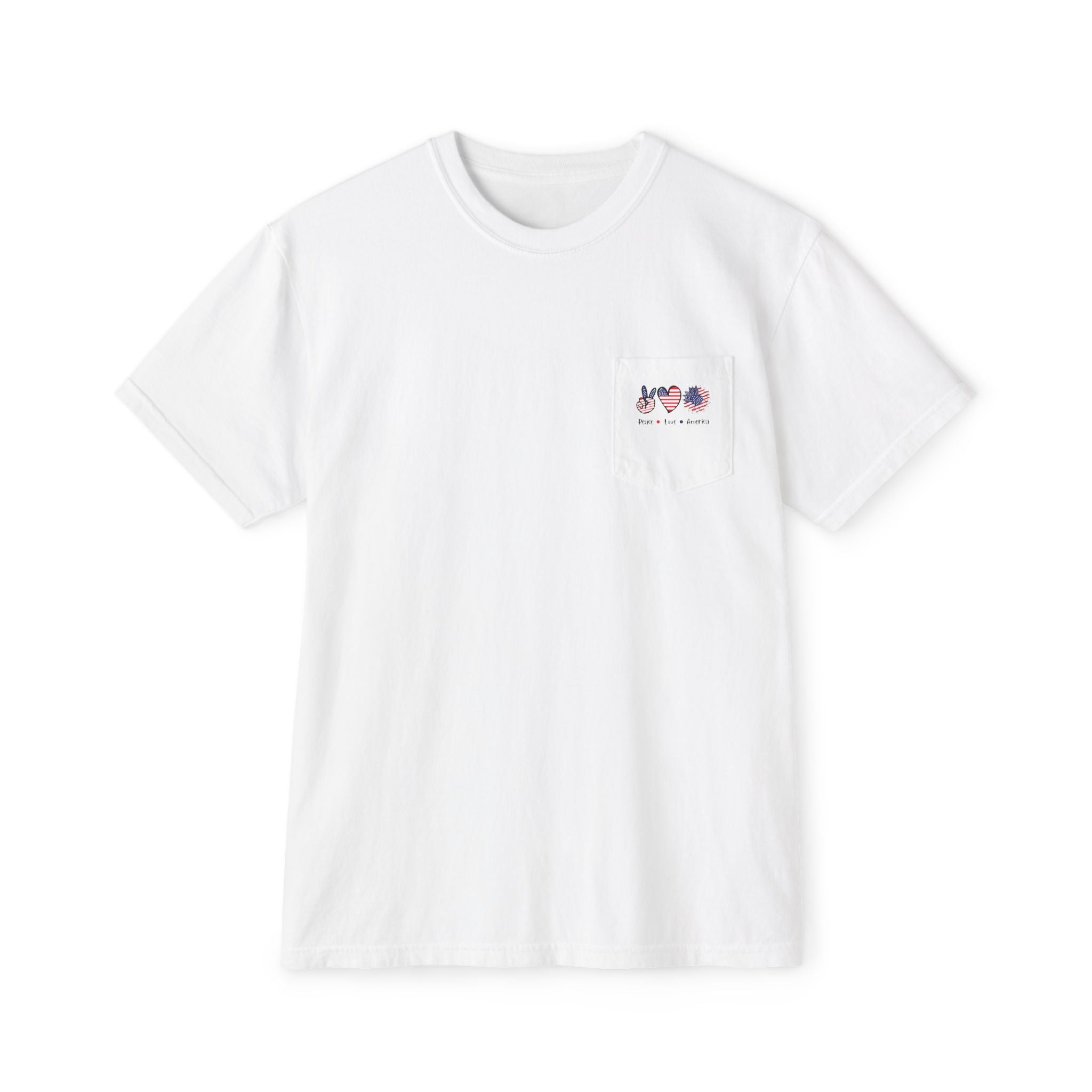 Patriotic Floral Peace Love America T-Shirt, Pocket Tee