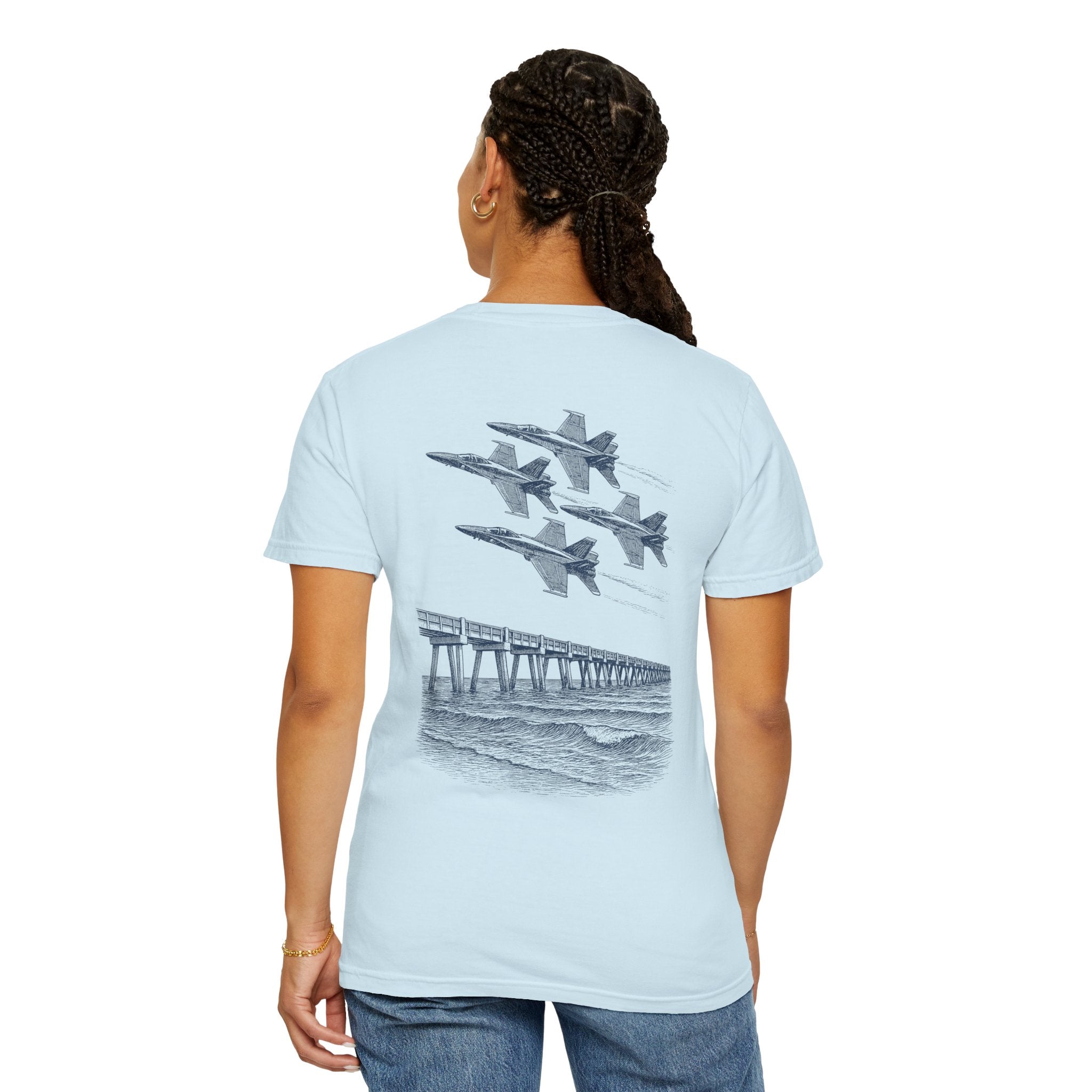 Blue Angels Air Show T-Shirt – Vintage Pensacola Beach Pier Jet Flyover – Navy Pilot Aviation Graphic Tee – Patriotic Military Shirt