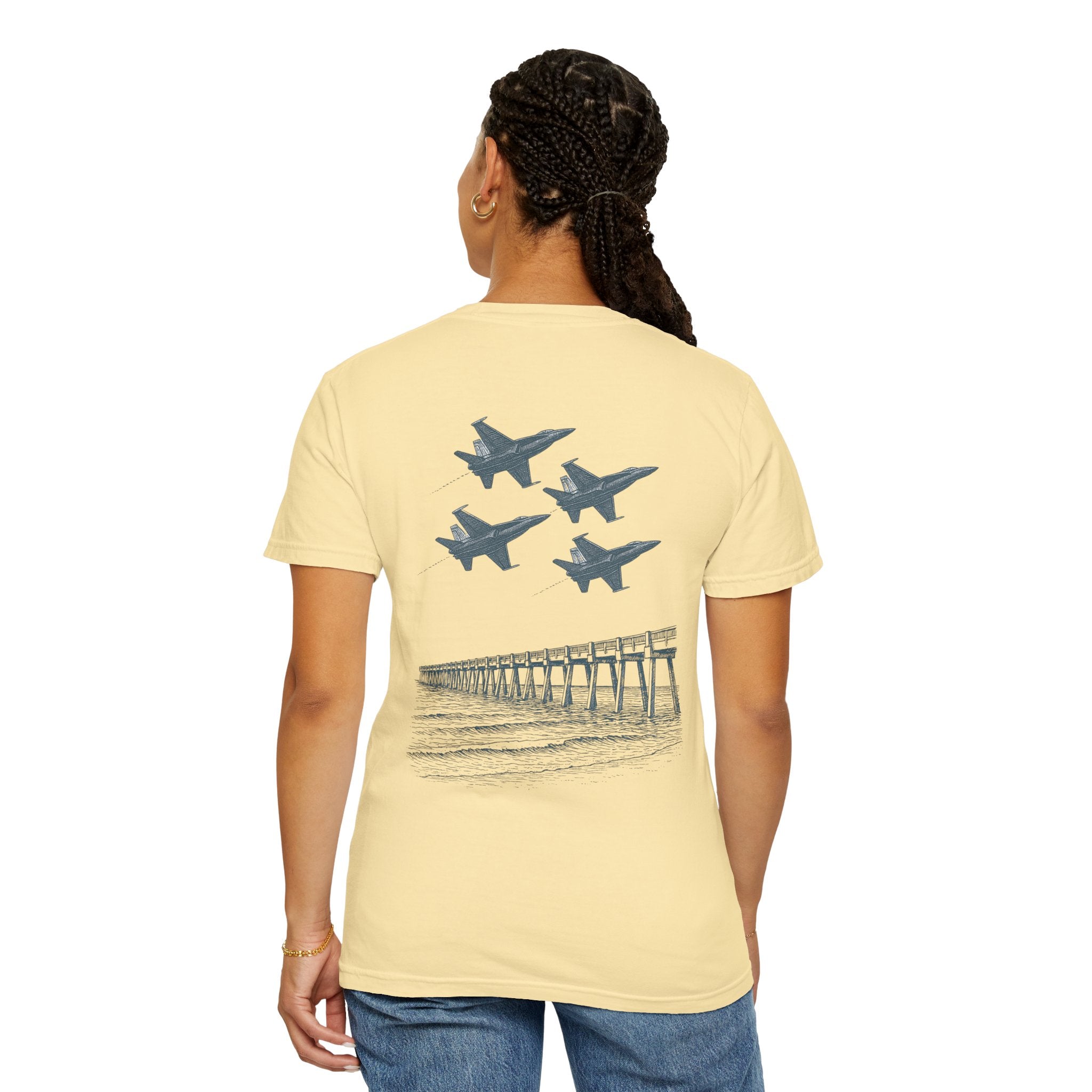 Blue Angels Pensacola Pier T-Shirt – Vintage Florida Beach Graphic Tee – Jet Flyover Coastal Design – Military Air Show Gift Shirt