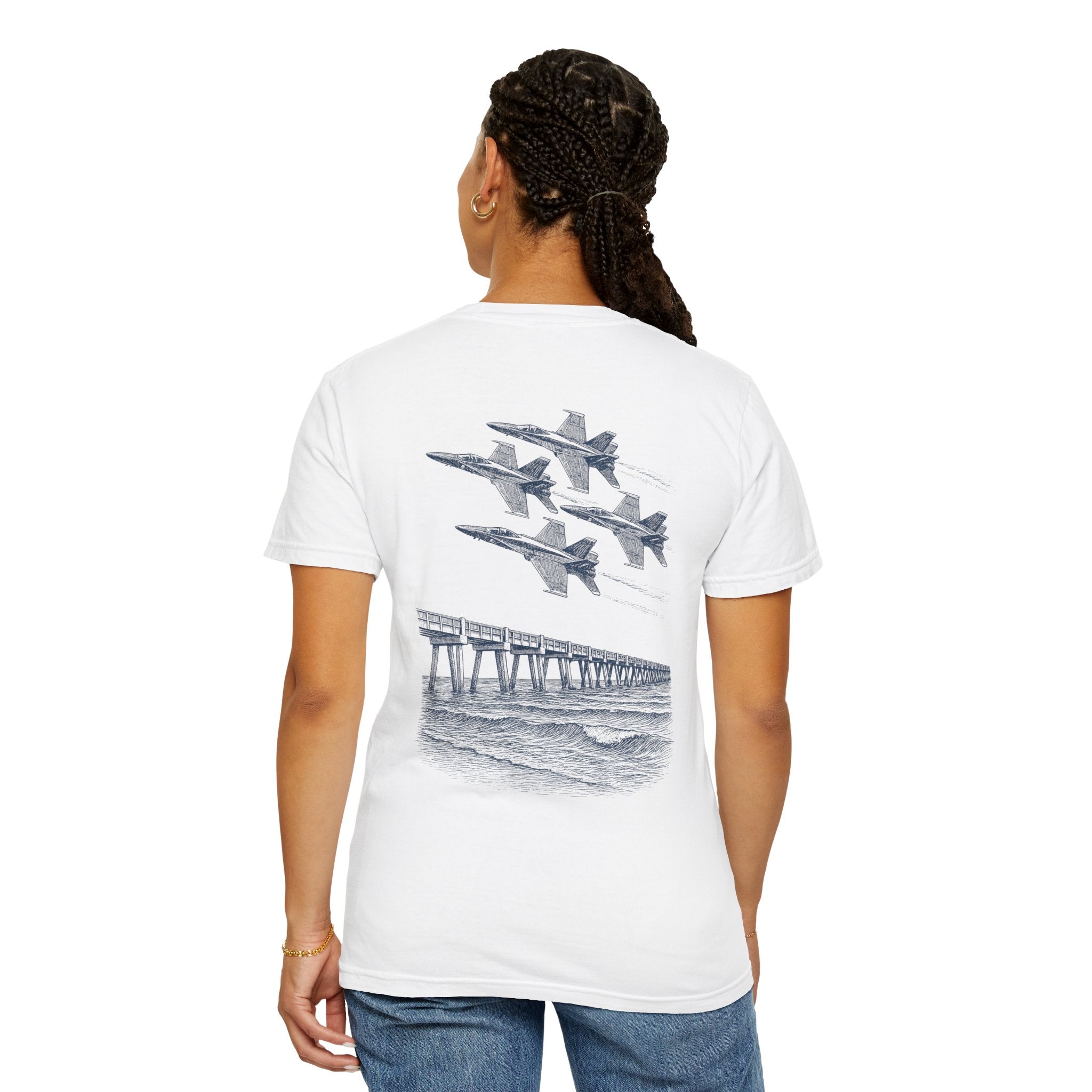 Blue Angels Air Show T-Shirt – Vintage Pensacola Beach Pier Jet Flyover – Navy Pilot Aviation Graphic Tee – Patriotic Military Shirt