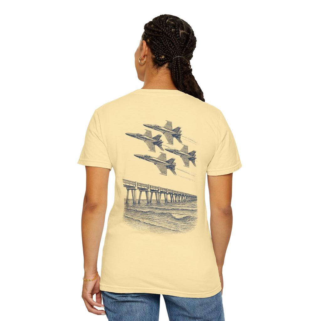 Blue Angels Air Show T-Shirt – Vintage Pensacola Beach Pier Jet Flyover – Navy Pilot Aviation Graphic Tee – Patriotic Military Shirt