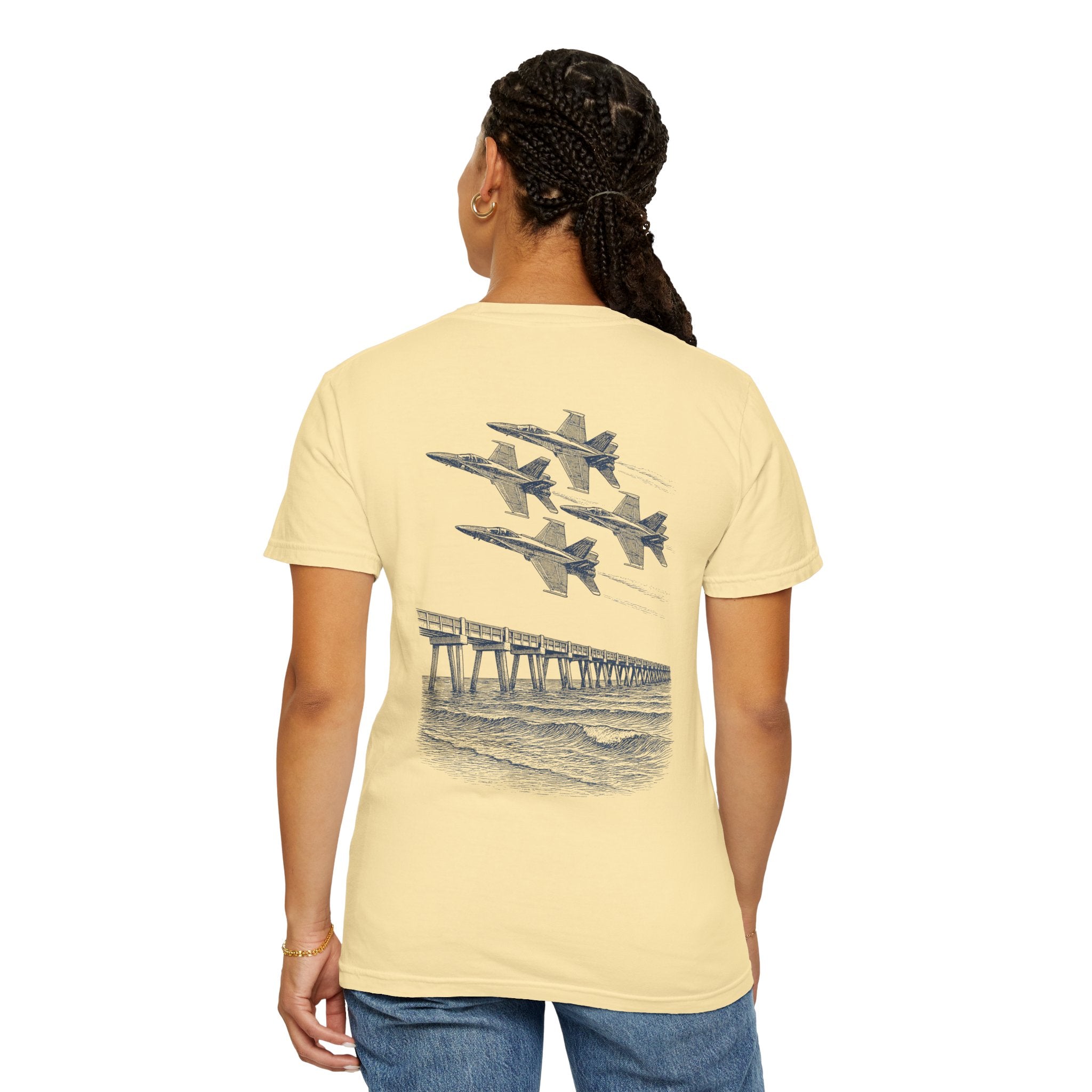 Blue Angels Air Show T-Shirt – Vintage Pensacola Beach Pier Jet Flyover – Navy Pilot Aviation Graphic Tee – Patriotic Military Shirt
